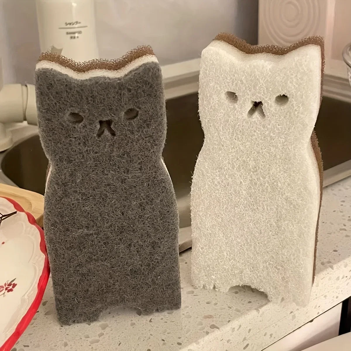 3/4/6PCS Cute Cat Kitchen Sponge Set - Double-sided Dishwashing Brush, Scouring Pad Cleaning Tool (random Style)