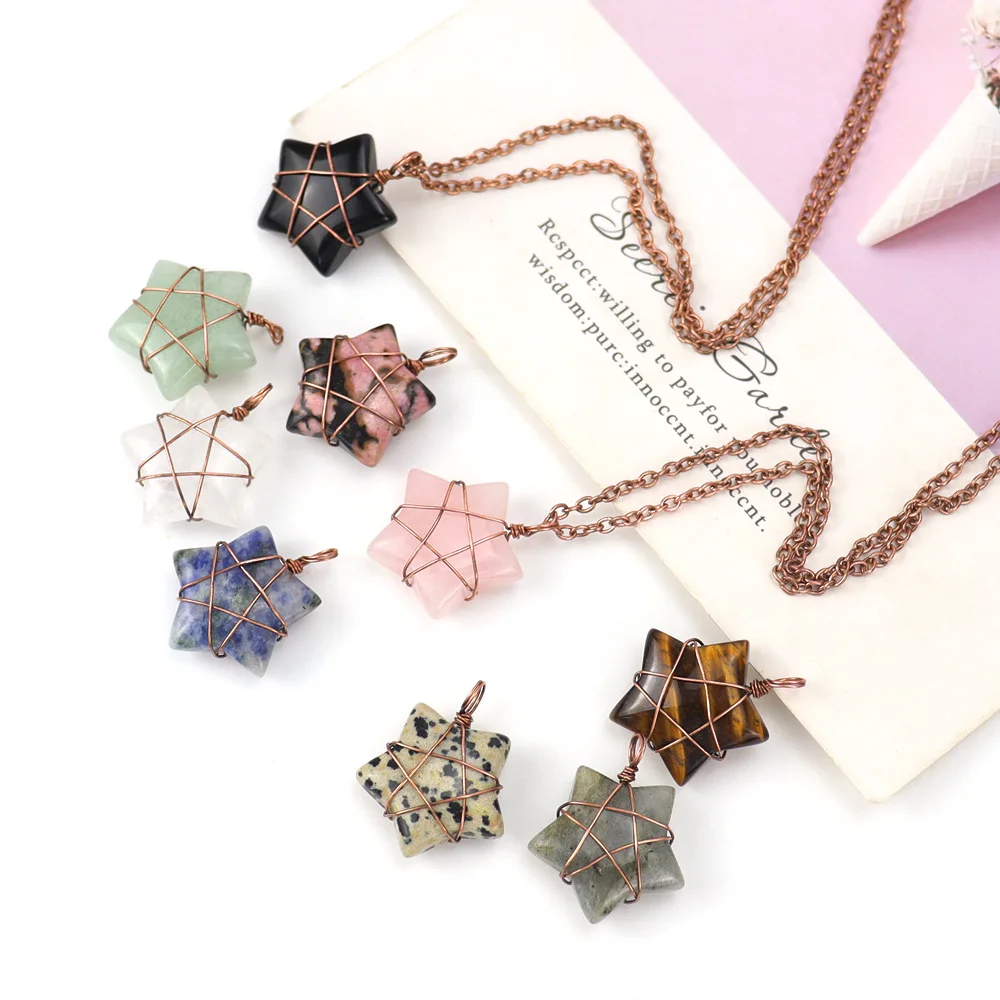 

Vintage Wire Wrap Carving Star Pendant Reiki Healing Crystal Tiger Eye Rose Quartz Aventurines Stone Necklace for Women Jewelry