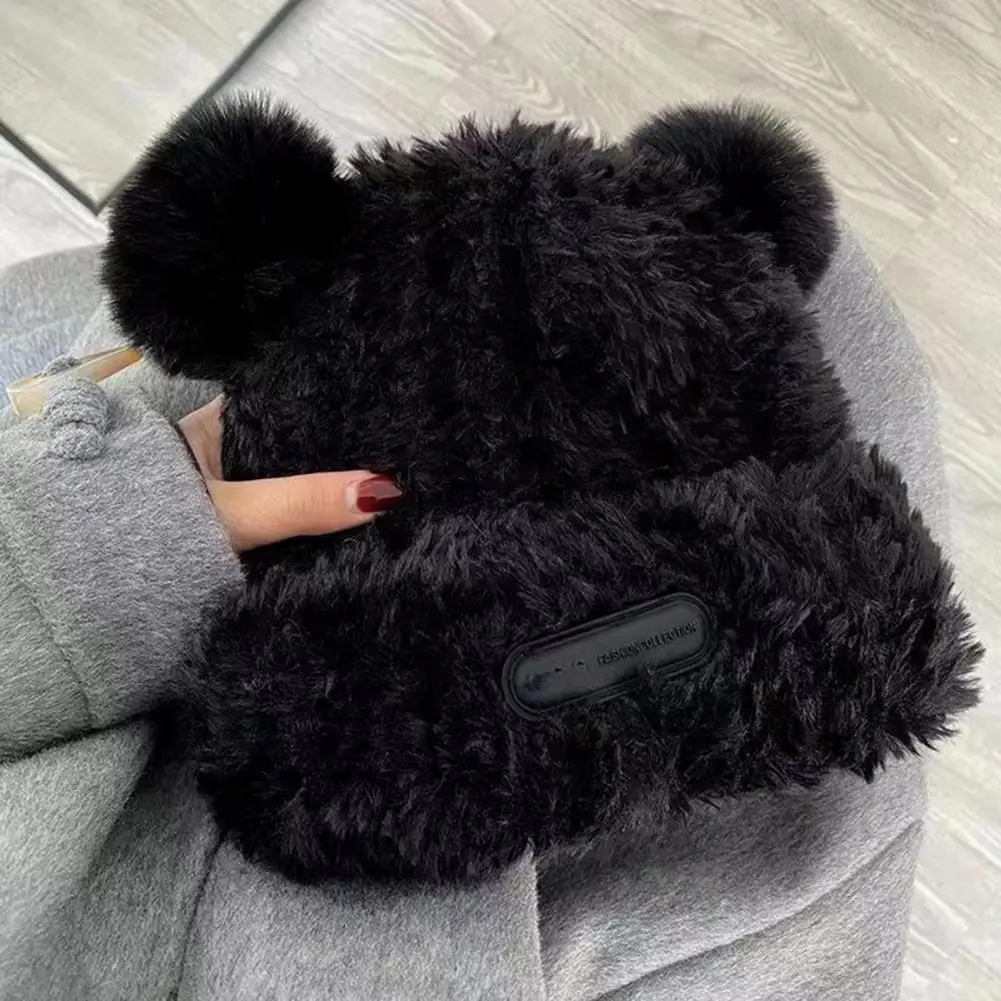 

Women Ear Hat Cartoon Bear Ear Decor Thick Plush Pure Color Elastic Thick Warm Windpoof Soft Fuzzy Anti-slip Lady Beanie Cap