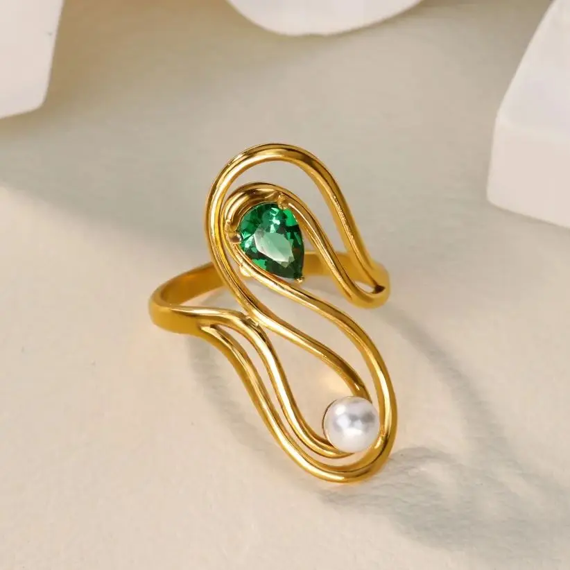 Green Zircon Pearl Swirl Rings for Women