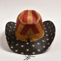 Classic American Flag Western Cowboy Hats Summer Straw Wide Brim Beach Sun Hat Cowgirl Party Jazz Hat 3