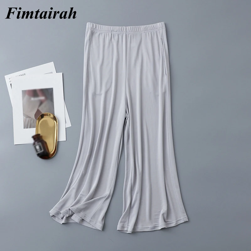 Fimtairah 여성용 실크 니트 와이드 레그 바지, 뽕나무 실크 탄성 허리, 편안한 여름 캐주얼 겉옷 바지, 6A