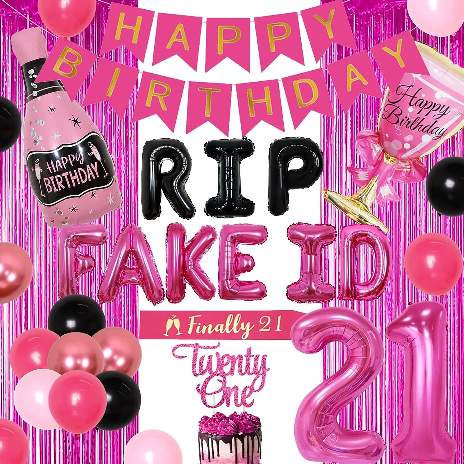

21st Birthday Decoration Hot Pink and Black Rip Fake Id Balloon Sash Fringe Curtain for Girls Women 21st Birthday Party Supplies