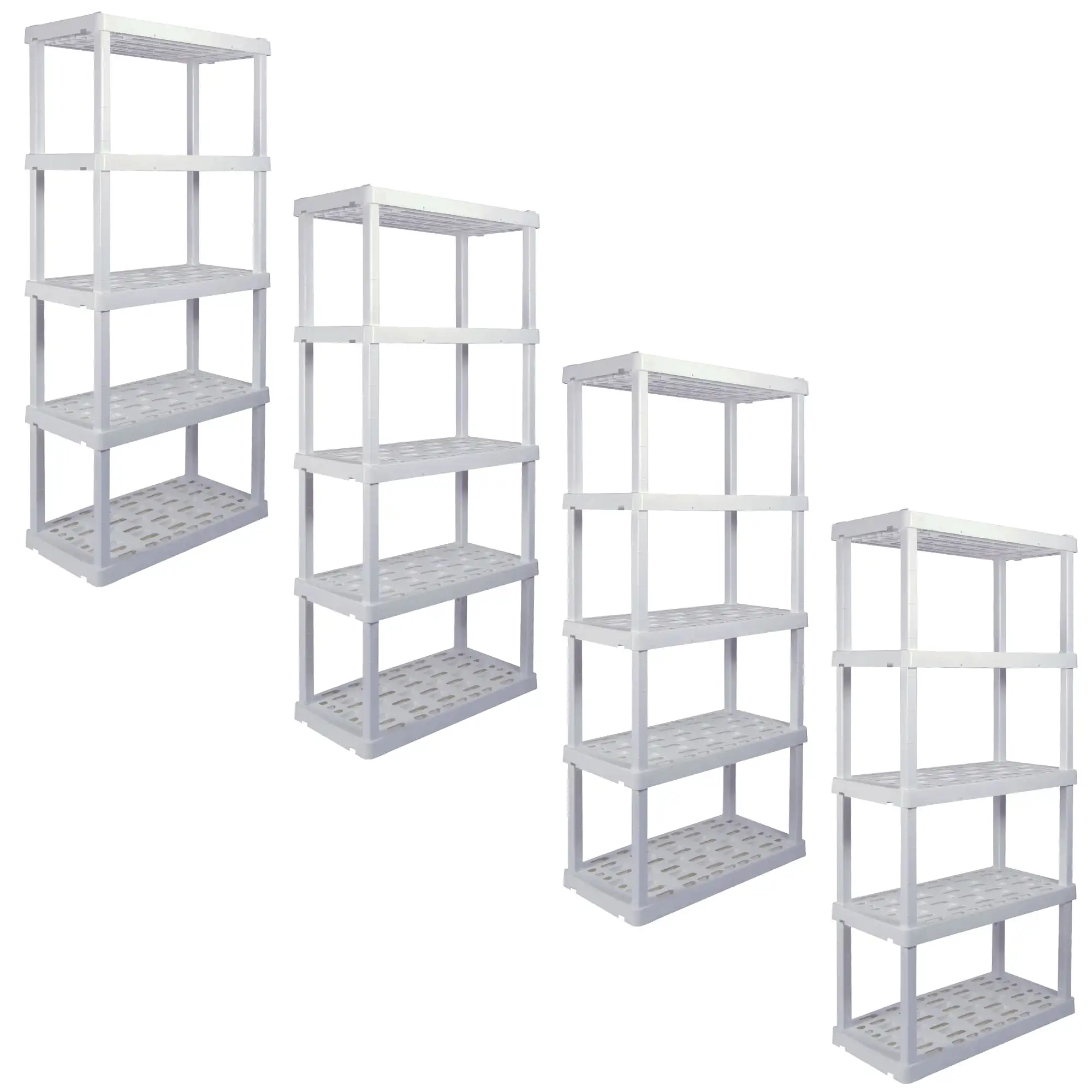 

Hyper Tough 74" H x 18" D x 36" W 5 Shelf Plastic Garage Shelves, Pack of 4 Storage Shelving Units, White 750 lbs Capacity