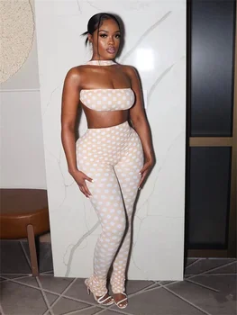 Weird Puss Hottie Polka Dot 2-Piece Set Women Halter Chest Wrapped Backless Top+Ruched Peach Hip Pants Stretch Skinny Clubwear 1
