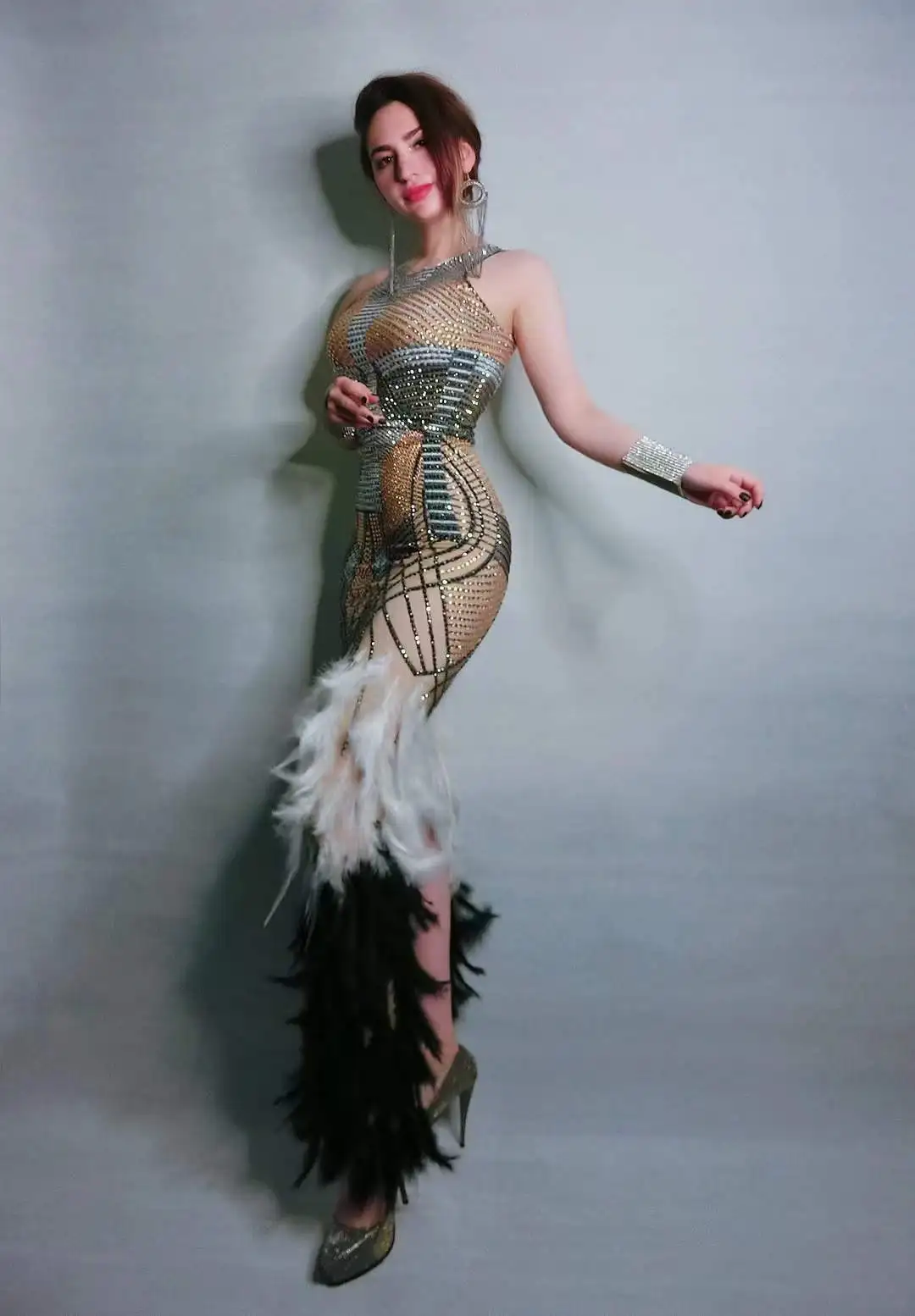 Robe Longue en Plumes et Strass pour Femme, Tenue de Cérémonie d'Anniversaire, Drag Queen, Vêtement de Scène, Chanteur, Discothèque, Bar