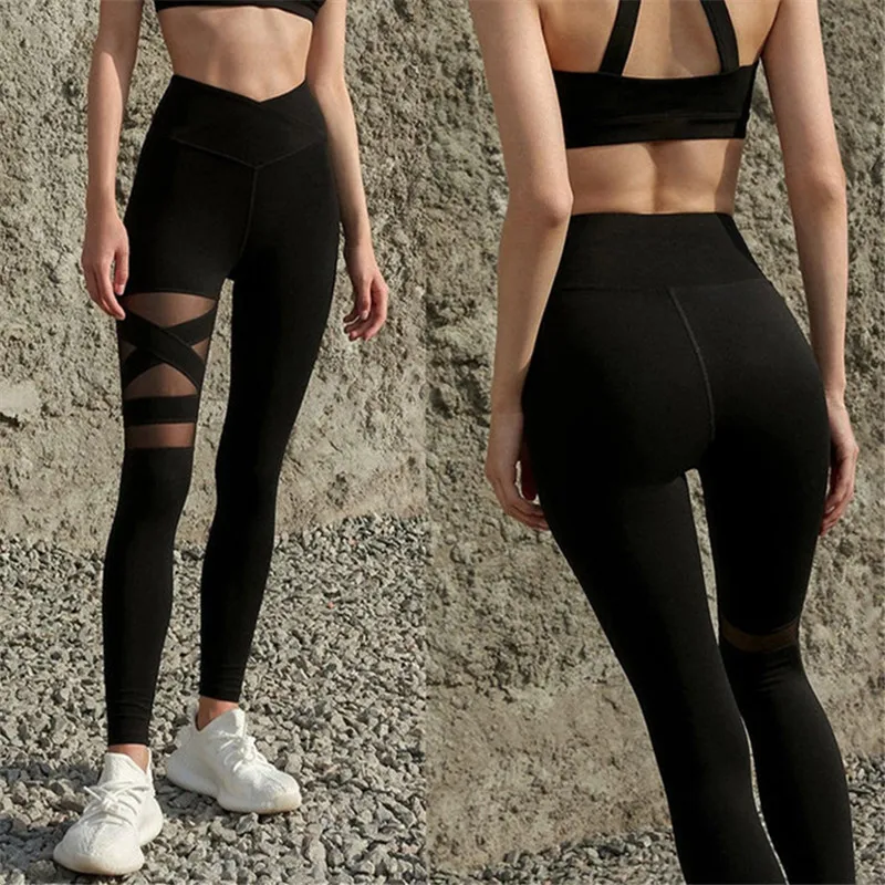 Black Breathable Yoga Pants Mesh Sports Pants Casual Tight Pants Women High Waist and Hip Lifting Fitness Pants High Elastic gagaopt leather bodysuit crotchless fishnet patchwork one piece black body gothic tight top front buckle mesh fetish pvc teddy