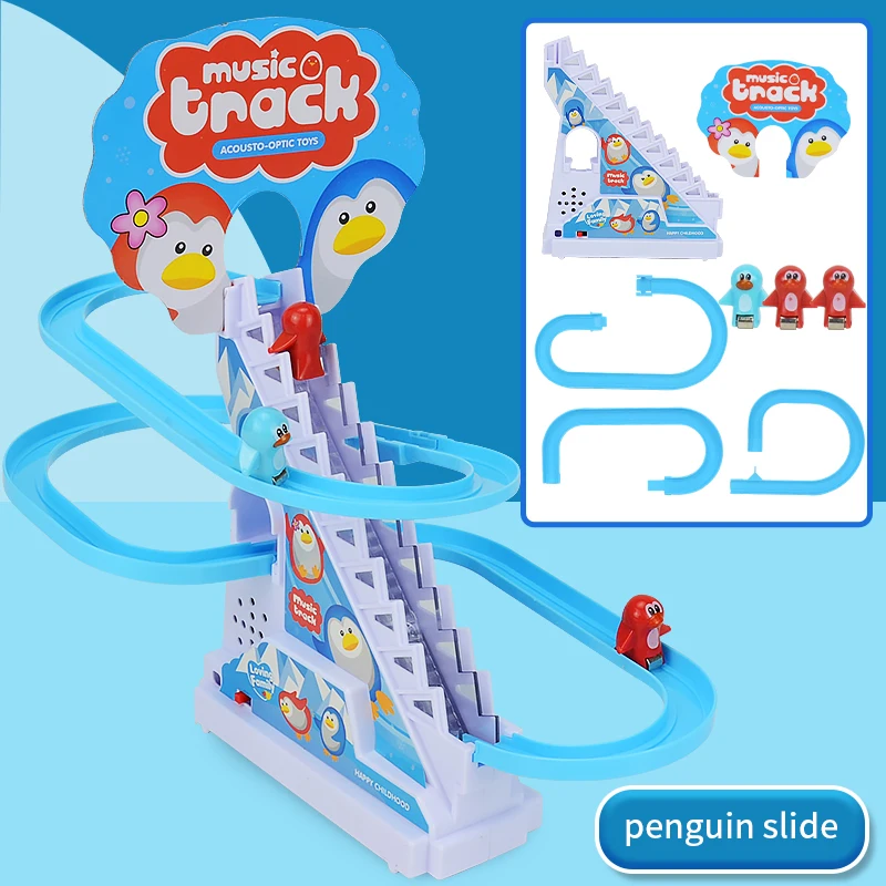 Electric Driving Toy Climbing Stairs Track Toys Electric Duck DIY Rail Racing Track Roller Coaster Toys Set Light Music Educational Toy For Kids Gift