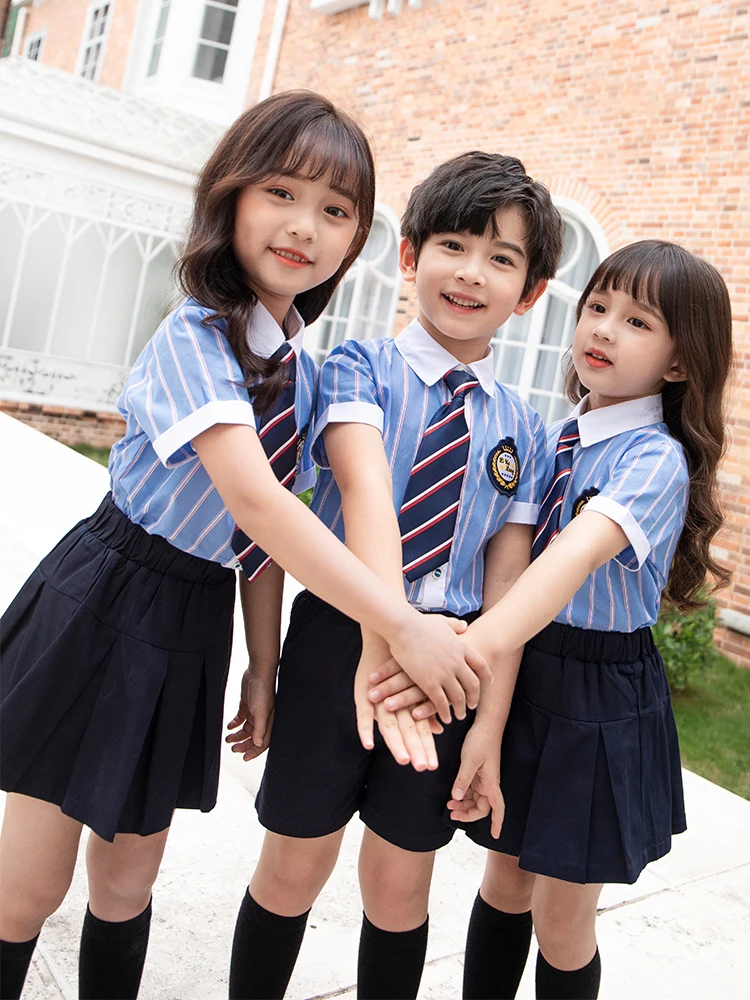 Summer Children School Uniforms Boy Girl Pleated Skirts British Japanese Kindergarten small Students Clothes Sets shirt Korea