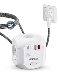 LENCENT Compact Power Cube with High-Speed Charging Ports and Braided Extension Cable - European plug (2M 4AC 2U1C PD20W)