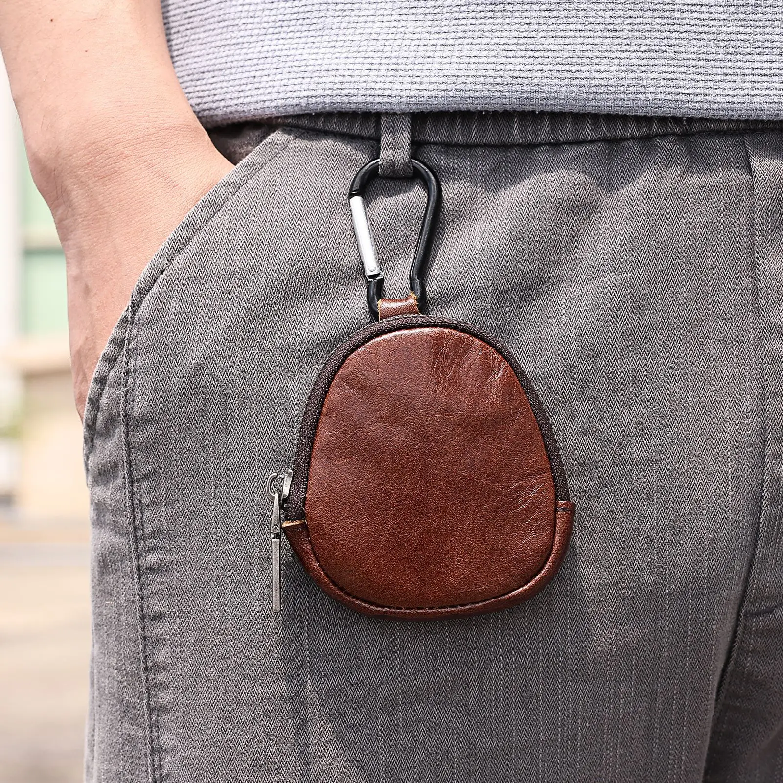 Vintage Real Leather Mini Zero Wallet Zipper Coin Wallet Built in Hook Key Change Storage Bag With Ring Card Case For Men