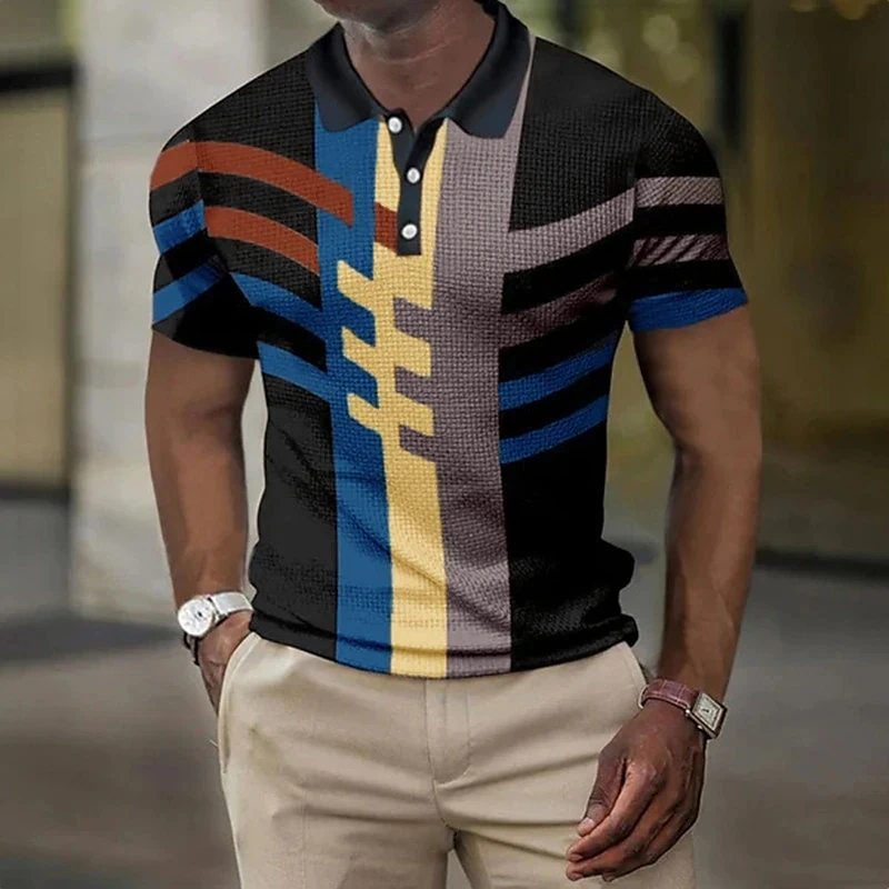 

Summer men's Polo shirt Golf shirt Geometric lapel 3D printing Outdoor street short sleeved buttons Fashion casual breathable