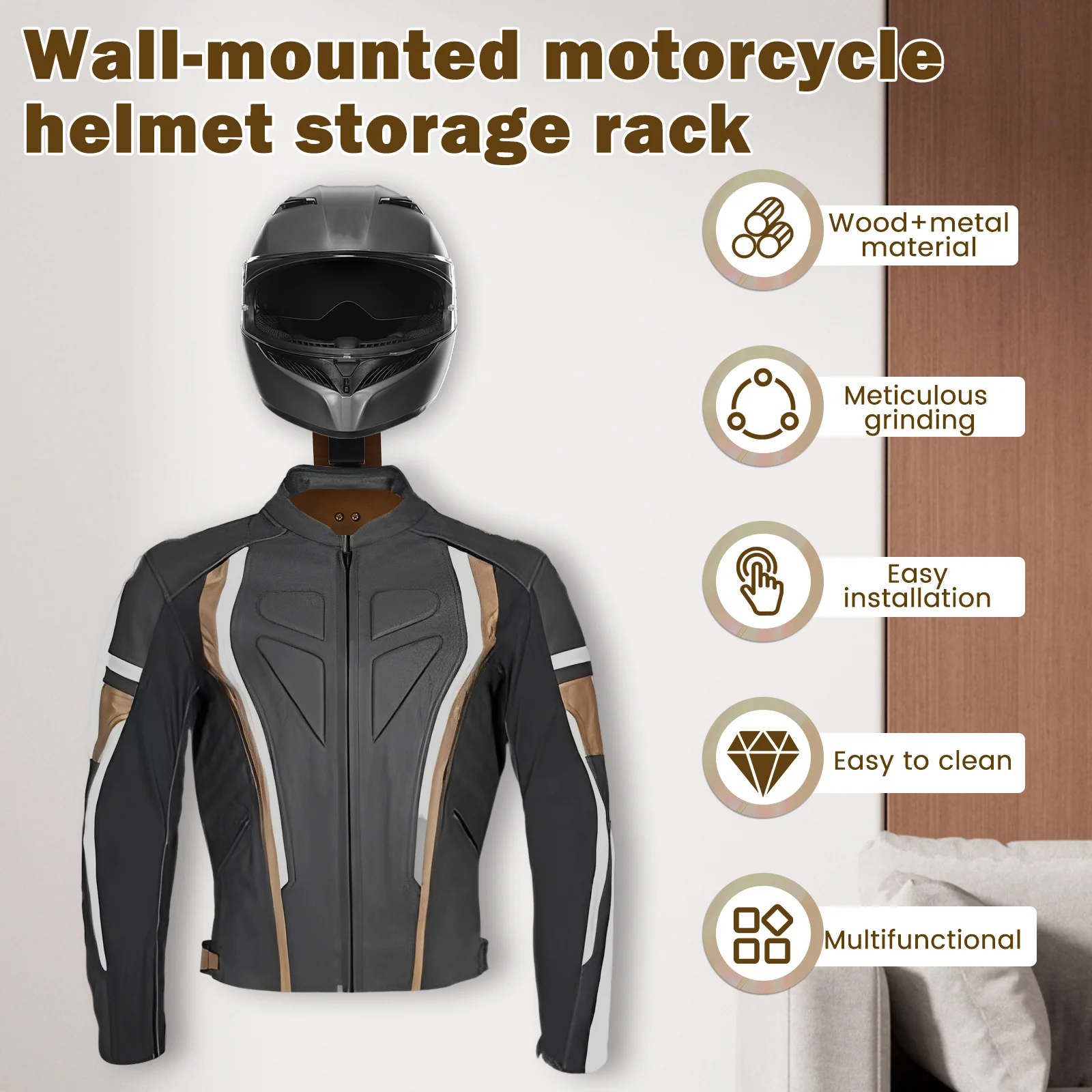 Helmet Rack Wall Mount Wood Motorcycle Helmet Holder All-in-one Helmet Key Rack Bicycle Helmet Display Hanger for Keys Gloves 2
