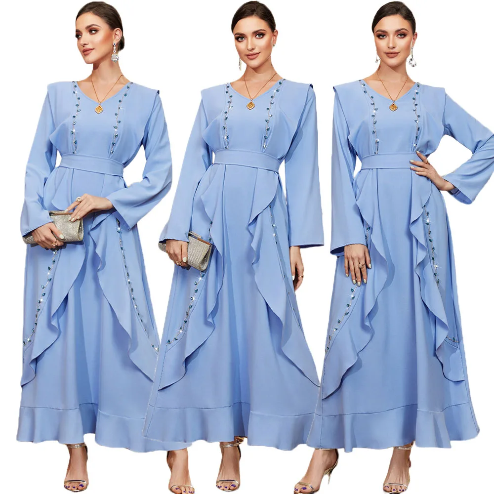 

Luxury Rhinestone Party Evening Gown Women Long Dress Dubai Kaftan Muslim Islamic Clothing Ruffle Jalabiya Moroccan Arabic Abaya
