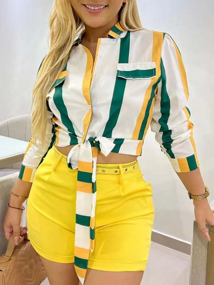 

2023 Autumn Striped Shirt Women Cropped Short Shirts Female Long Sleeve Button Up Shirts Blouse Female