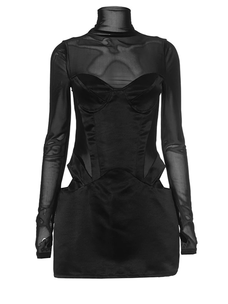 Sexy Mesh Turtleneck Long Sleeve Satin Cut Out Mini Dress Women Pullover Bodycon Short Club Evening Dresses Fashion Party Wear mini dress