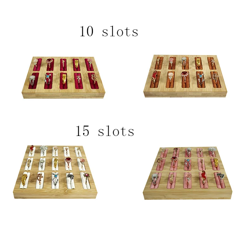 10/15 Slots Ring Display Tray Bamboo Showcases Plate Jewelry Tray for Exhibitors Ring Earring Holder Accessory Display