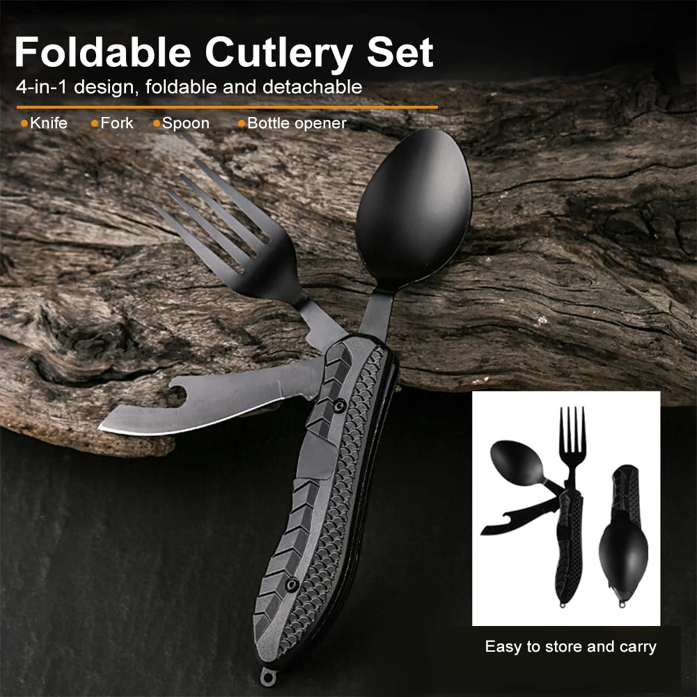 4 In 1 Multitool Outdoor Camping Utensils Portable Stainless Steel Foldable Spoon Fork Knife Bottle Opener Combo Set Cutlery camping cutlery,portable tableware,portable cutlery,camping multi tool