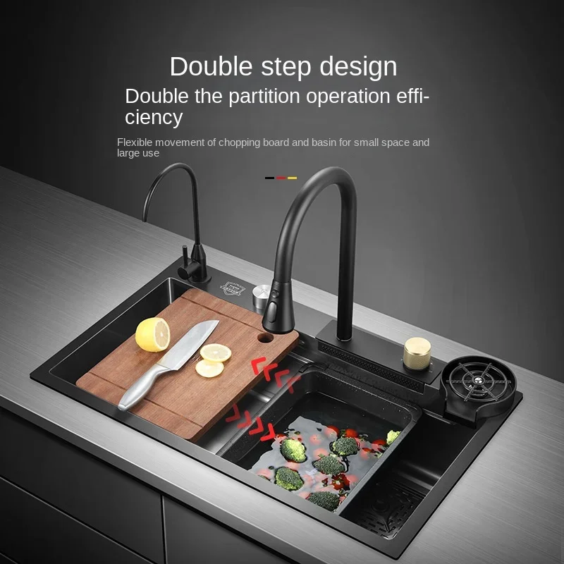 Kitchen Stainless Steel Topmount Sink Waterfall Sink Large Single Slot Wash Basin With Multifunction Touch Waterfall Faucet 6