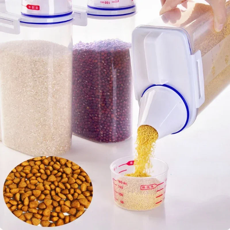 Pet Food Container 1.5kg/2kg Dog Cat Food Pail Plastic Storage Tank Measuring Cup Moisture-proof Sealed Jar