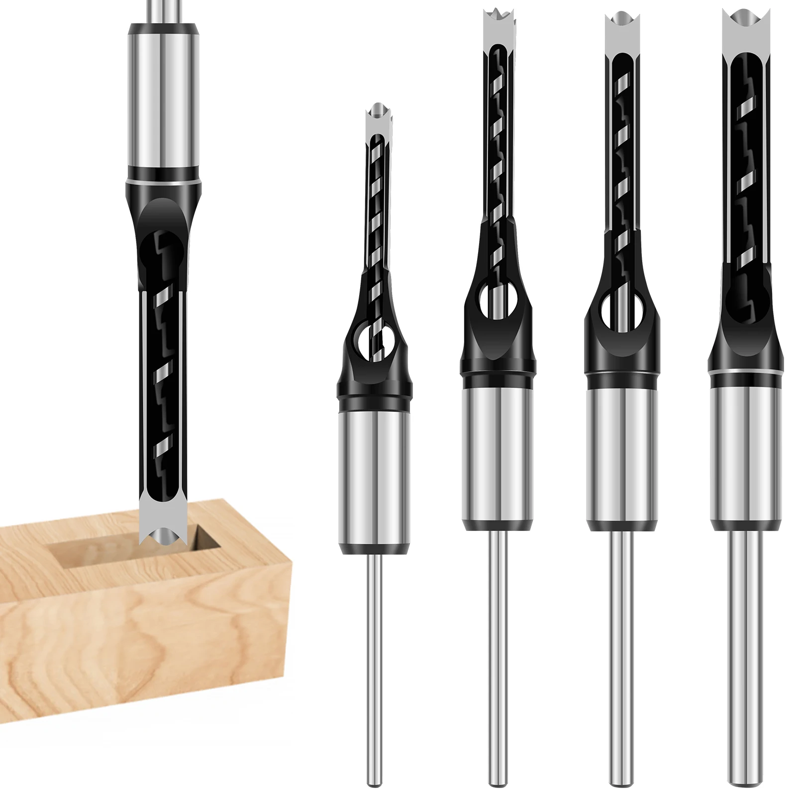

4Pcs Square Hole Drill Bits High Speed Steel Mortising Chisel Drill Bit High Hardness Woodworking Hole Saw Twist Drill Bit Set