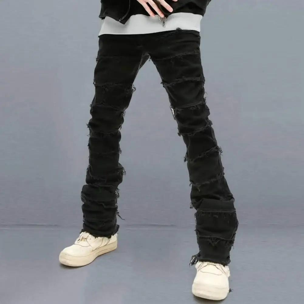 

Men Zipper Button Fly Jeans Hip Hop Jeans Hip Hop Streetwear Men's Slim Fit Ripped Denim Pants with Burr Edge Solid Color