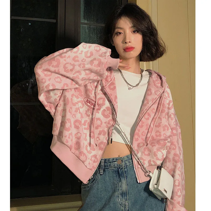 Pink Zip Hoodie Y2k Harajuku Streetwear Leopard Print Ladies Hip Hop Fashion Zipper Loose Casual Long Sleeve Top Women Ulzzang