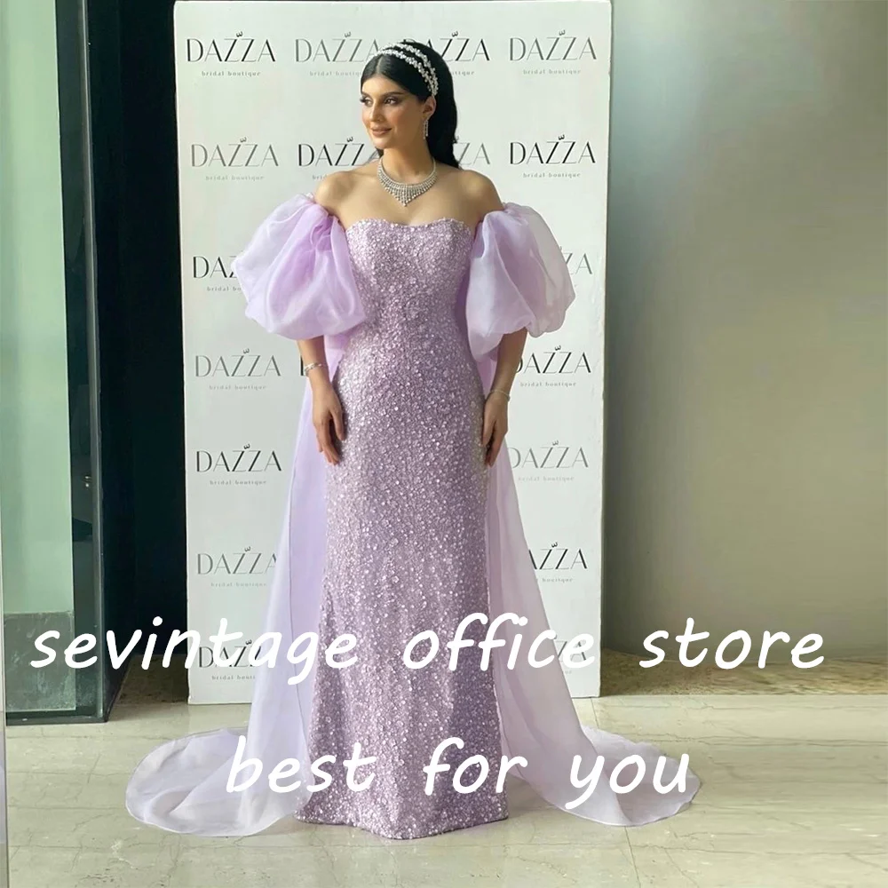 

Sevintage Lavender Beading Sequined Mermaid Prom Dresses Puff Sleeves Saudi Arabic Evening Gowns Formal Occasion Gown
