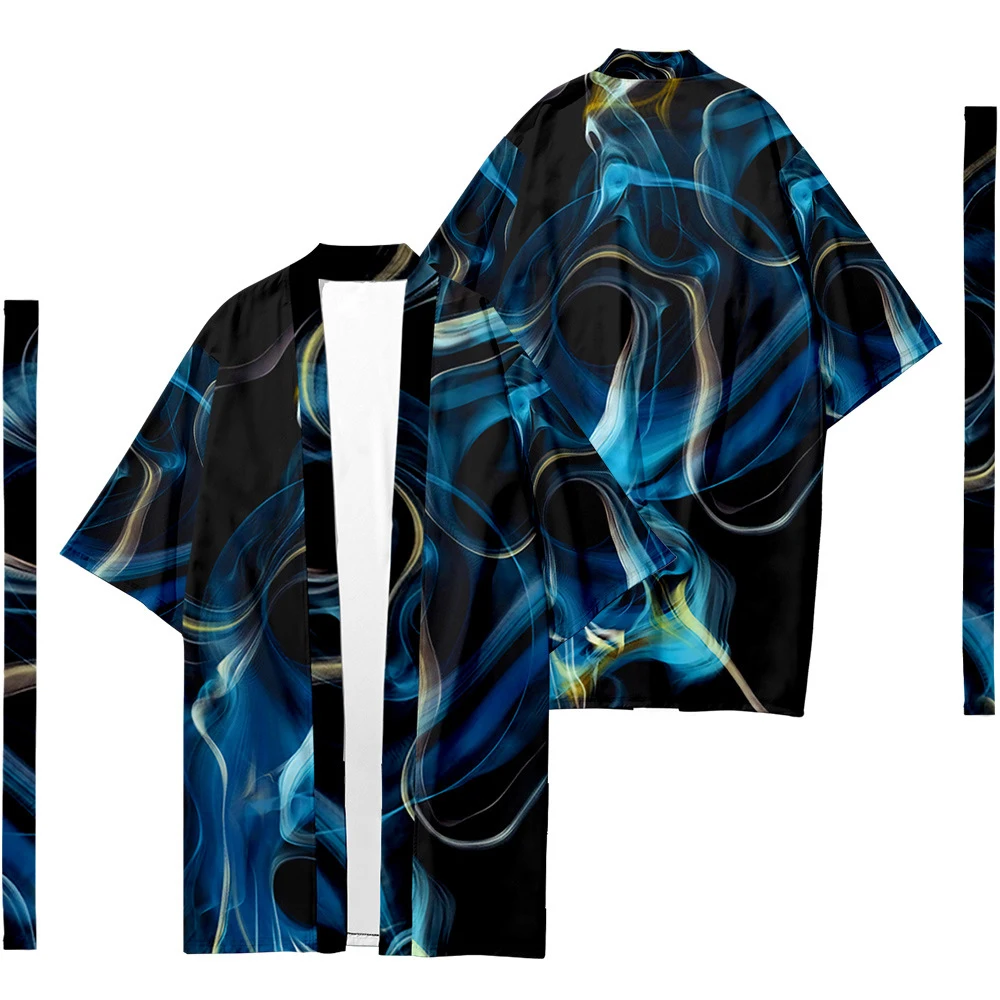 Cardigan Kimono Lungo Giapponese Da Uomo Costume Da Samurai Kimono Flame Light Pattern Camicia Kimono Giacca Yukata 5