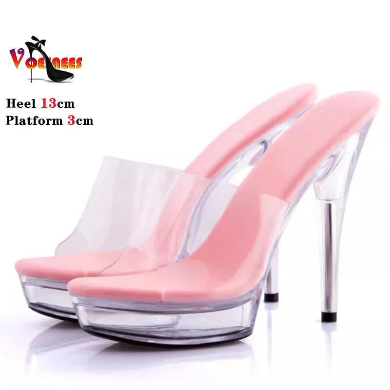 Summer Women Slipper Sandals 12cm 13CM Open Toe Crystal Thin Heel Transparent Platform Women's Shoes Sexy Model Training Heels