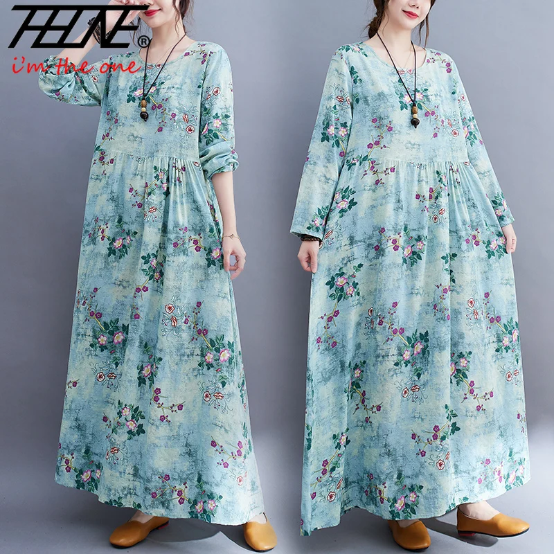 

Women's Dress Autumn Winter Long Sleeve Robe Cotton Linen Casual Print Maxi Floral Bohemian OR Boho vestido feminino Loose