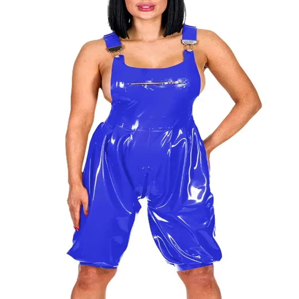 Plus Size Punk Zipper Rompers Sexy Adjustable Suspenders Bloomers Jumpsuit Wetlook PVC Leather Knee-length Bodysuit Clubwear 6