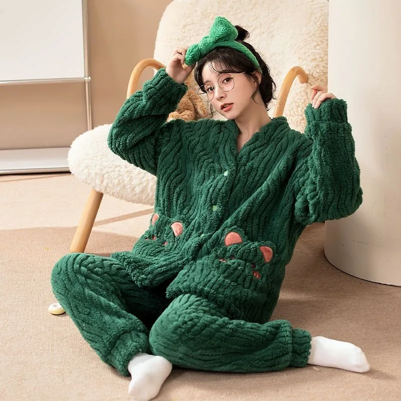 2024 New Coral Velvet Pajamas Women Winter Plus Fleece Thick Sleepwear Leisure Cardigan Sweet Lovely Nightwear Autumn Homewear