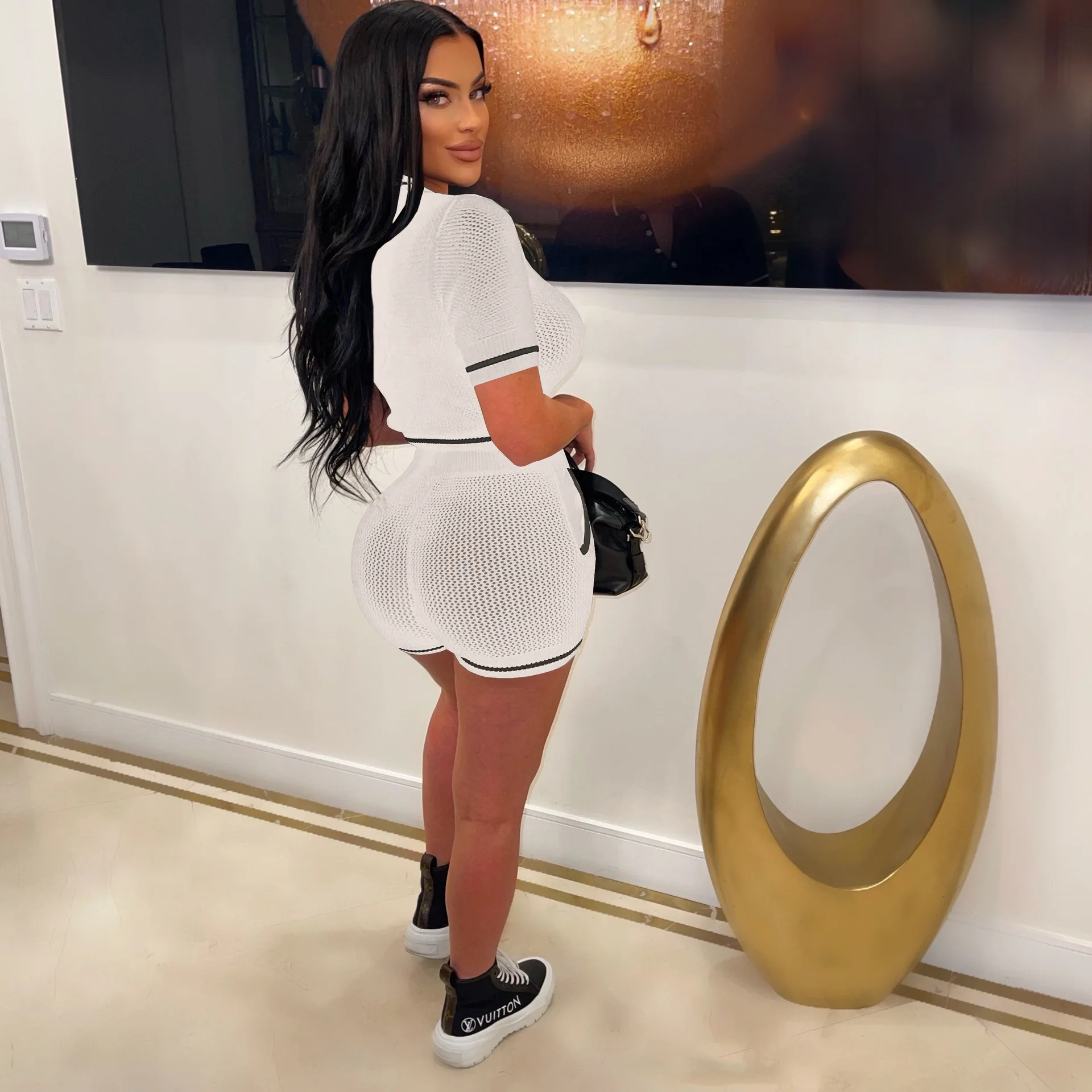 Thread Knitted Tracksuit Women Two Piece Set Outfit 2023 Summer Elegant Turn Down Collar Mesh Crop Tops Shorts Women Casual Suit