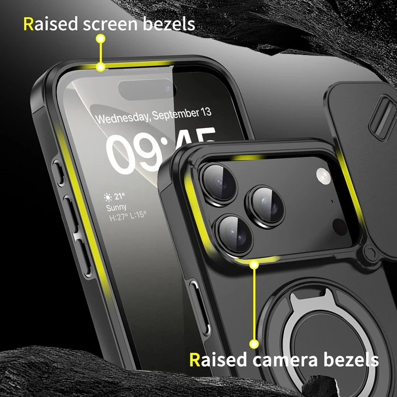 Enhanced Armor 360 Ring Stand Magnetic Shockproof Case with Lens Protection and Magsafe Compatibility