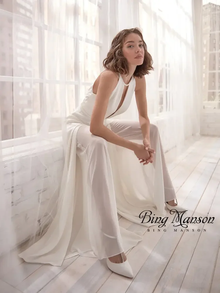 Women's Sexy Deep V-Neck Jumpsuit Wedding Pants Bridal Set Wedding Jumpsuit Elegant Formal Dinner  Monos Mujer