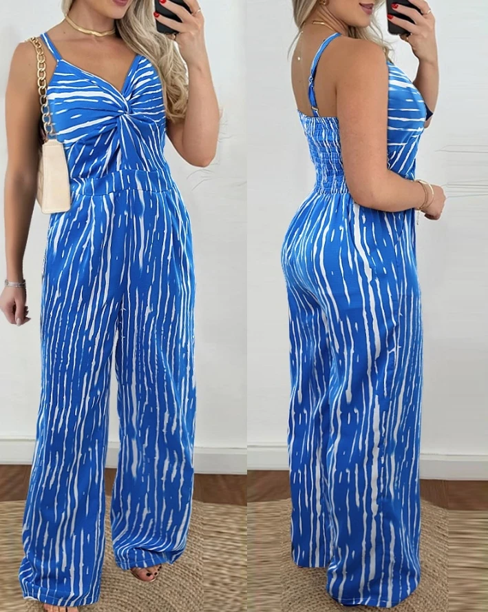 

Vacation Women's Casual Pocket Design Striped Twisted Wide Leg Jumpsuit New Summer Female Fashion Spaghetti Strap Long Jumpsuits