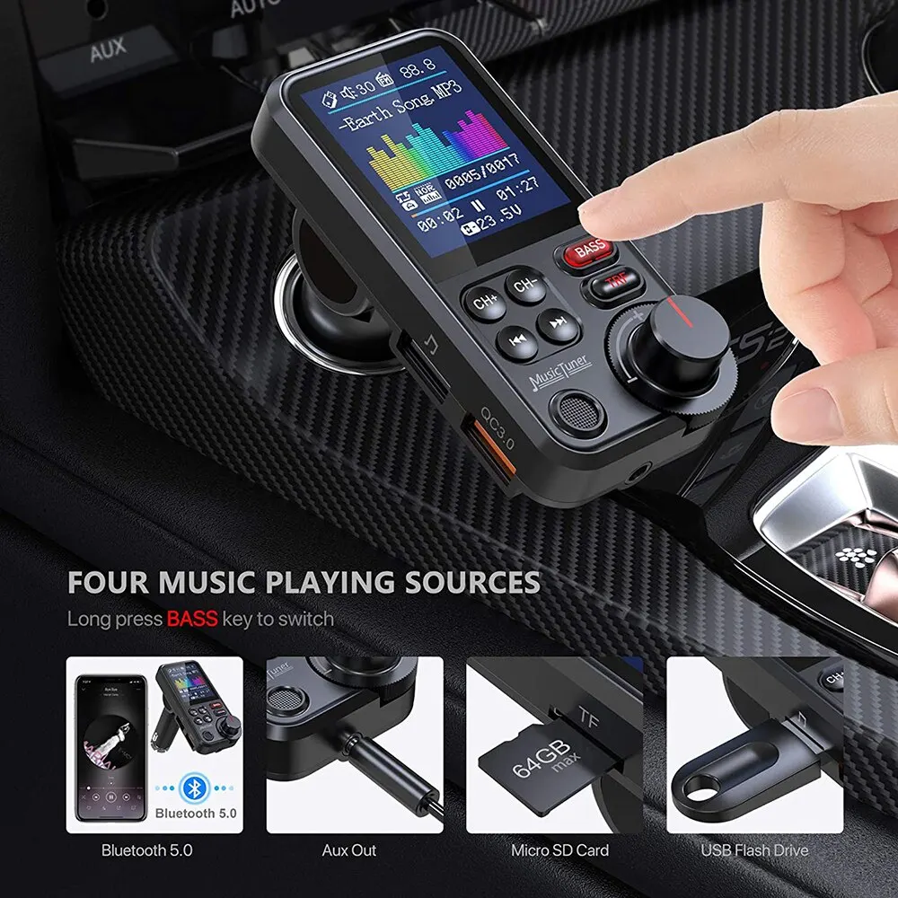 1.8 Inch Wireless Car Bluetooth FM Transmitter Aux Supports QC3.0