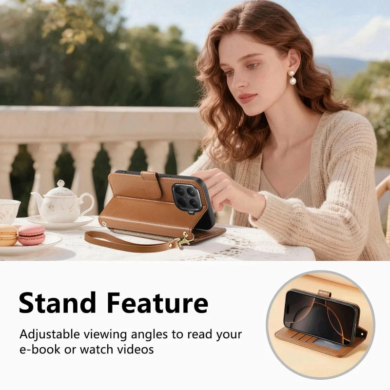 Zipper Leather Wallet Phone Case with Wrist Strap and Card Holder