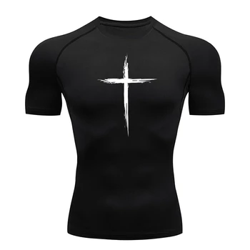 Cross Print Compression Shirt for Men Christian Athletic Tshirt Tees Tops Gym Workout Running Baselayers Undershirts Sportswear 1