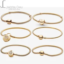  Luxury Original 100% 925 Sterling Silver Snake Chain pan Bracelet Gold Chain Crown Bangle for Women Authentic Charm DIY Jewelry 