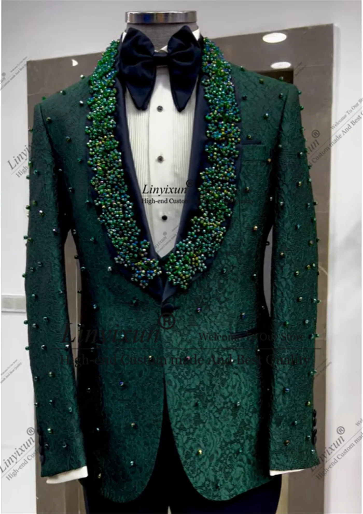 Luxury Pearl Beaded Men Suits Shawl Lapel Wedding Groom Tuxedos 3 Pieces Sets Business Male Prom Blazers Customized ropa hombre 2