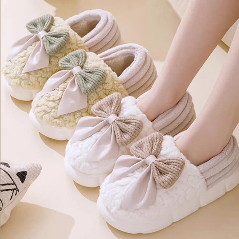 Bowknot Decor Wrap Heels Plush Slippers Women Winter Indoor Home Warm Fluffy Slides Woman Soft Non Slip Cotton Slippers Female