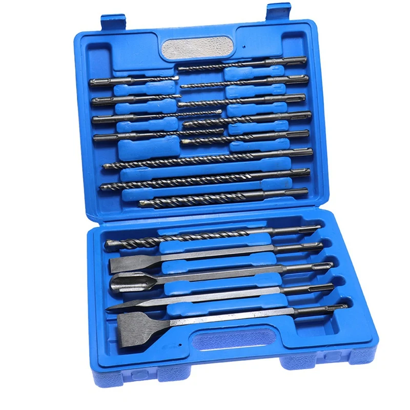 

HOT-17Pcs Sds Electric Hammer Drill Bit Set Chisel Plastic Box Impact Concrete Masonry Drilling Grooving