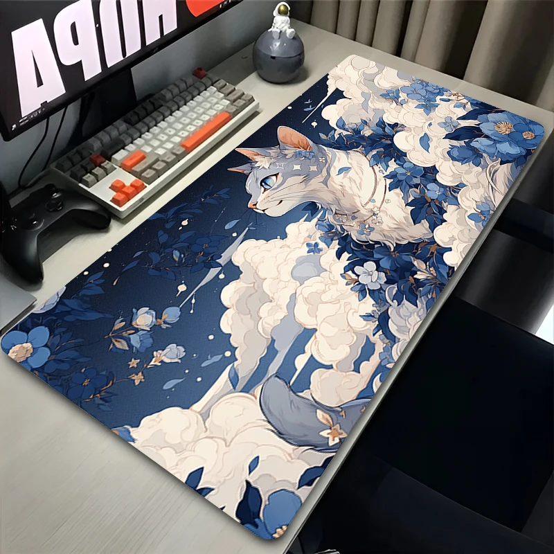 Extended black cat gaming desk mat for PC setup