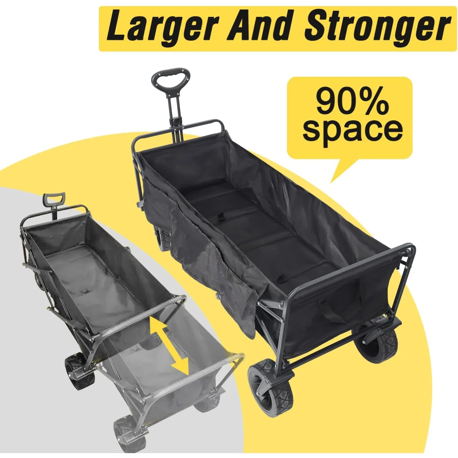 Collapsible Foldable Extended Wagon with 440lbs Weight Capacity, Heavy Duty Folding Utility Garden Cart with Big Beach Wheels