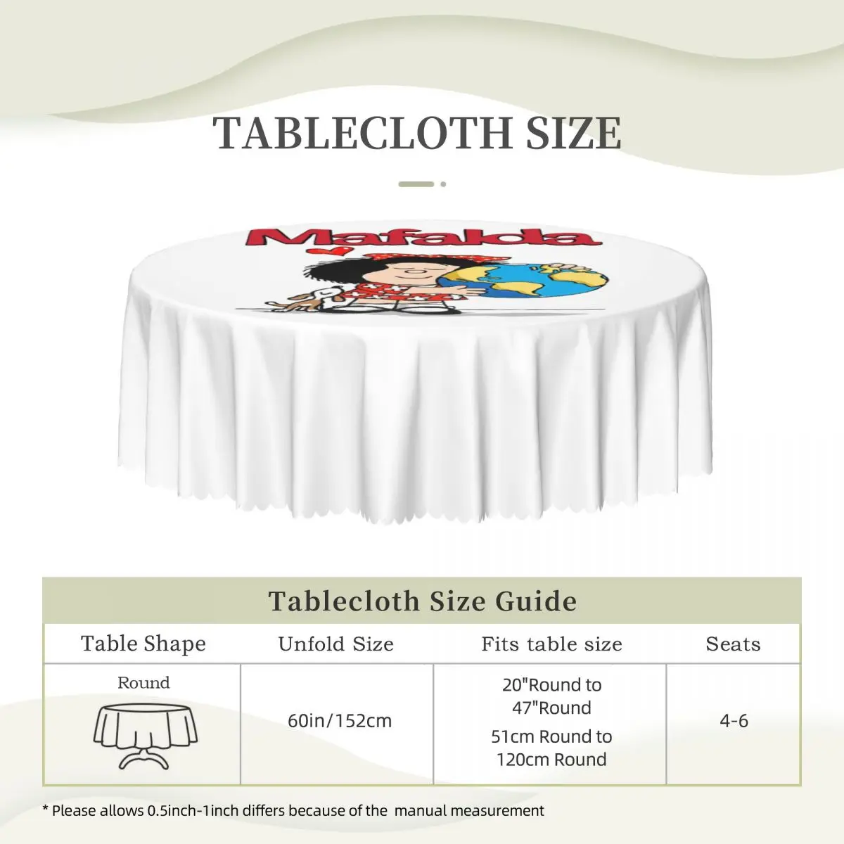 Mafalda World And Her Puppy Round Tablecloths 60 Inches Quino Comic Cartoon Table Cover for Kitchen Table Cloth 6