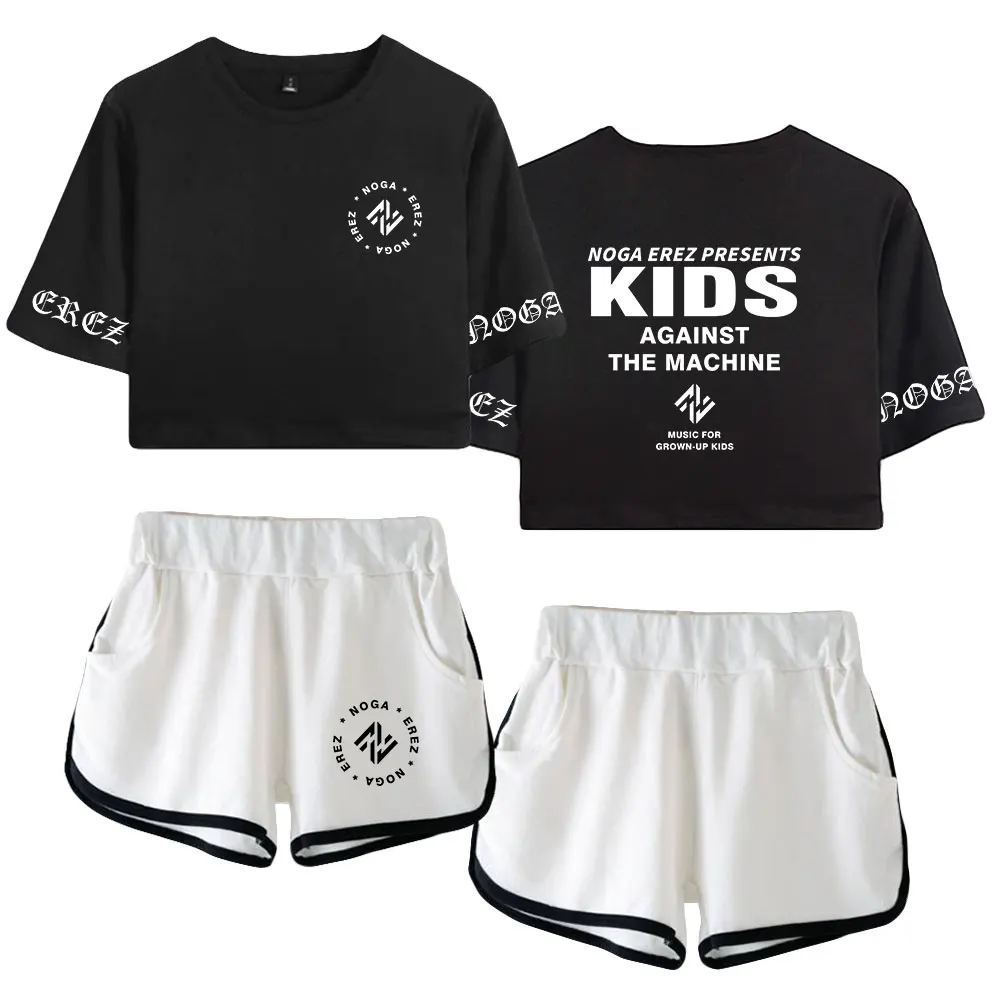 

Noga Erez KIDS Against The Machine Merch Two Piece Set Short Sleeve Cropped Top Navel Tee+Shorts 2023 World Tour Women's Sets