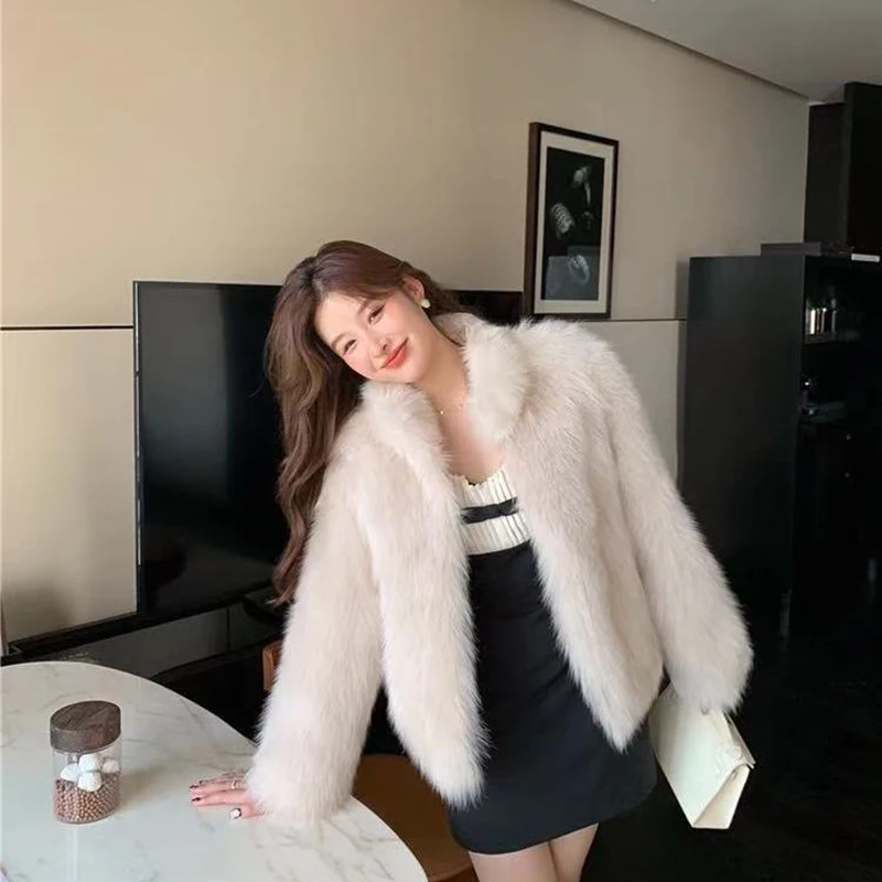 Fashion Female Clothes Loose Thick Turn-down Collar Jacket Autumn and Winter New Sweet Hot Girl Casual Faux Fur Coat