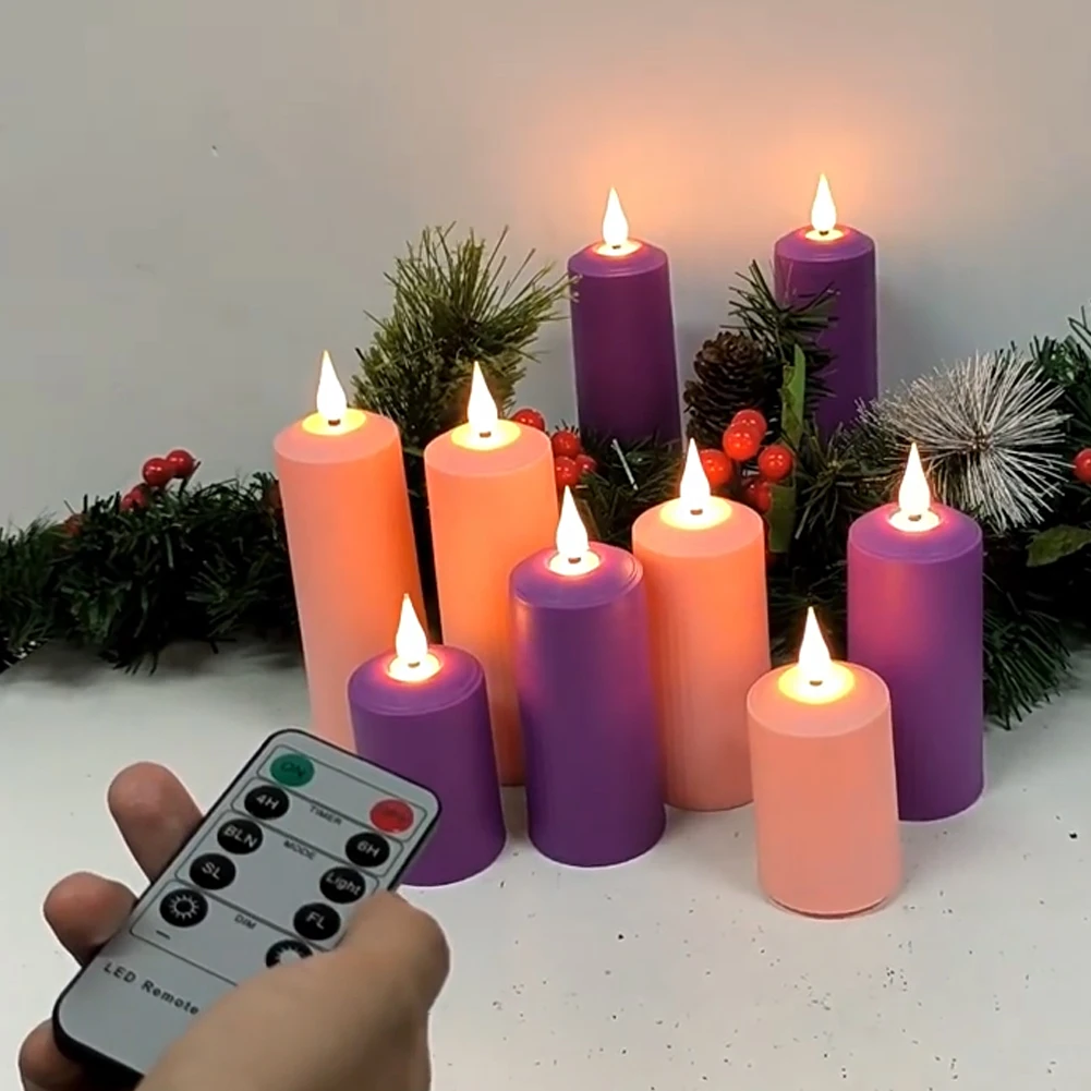 3Pcs LED Candles Timer USB Rechargeable Flickering Electric Pillar Candles with USB Cable Indoor Outdoor Electronic Pink Candles
